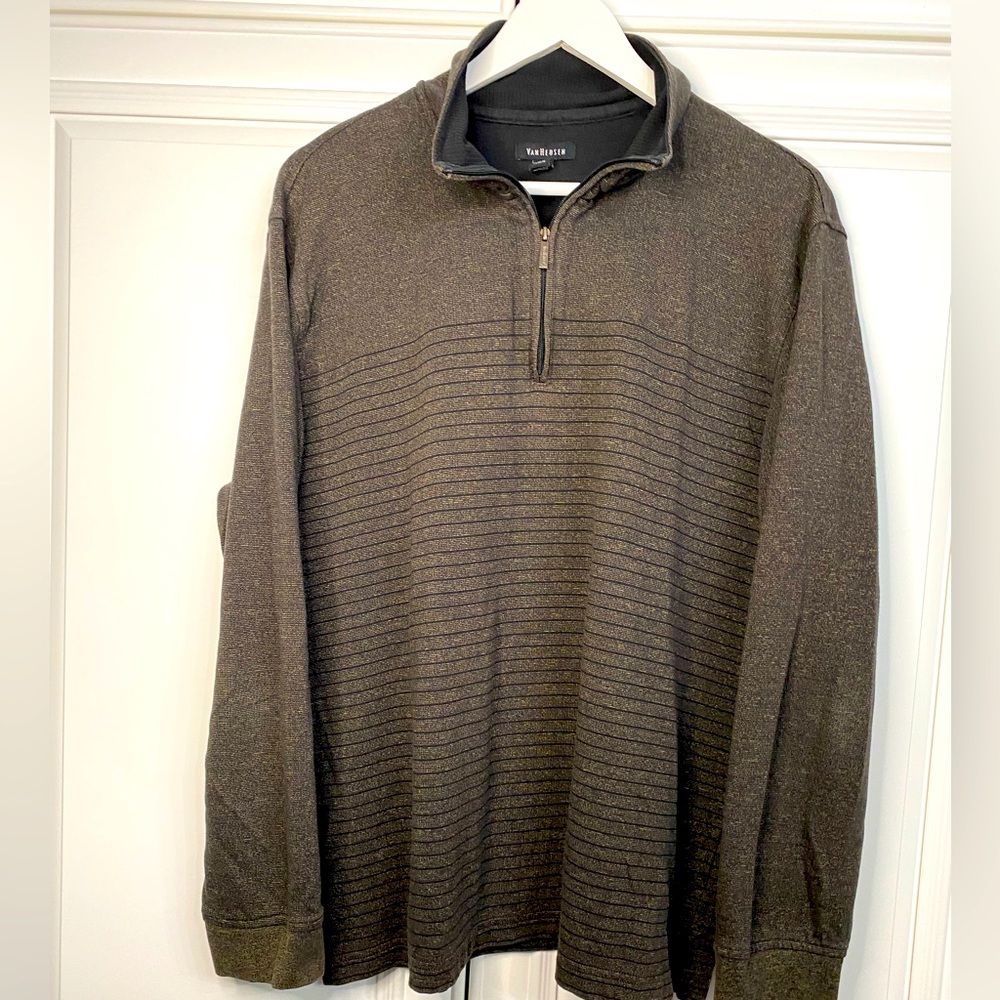 Van Heusen Men’s Size Large 1/2 Zip Sweater Brown Thin Black Stripes Shirt Top